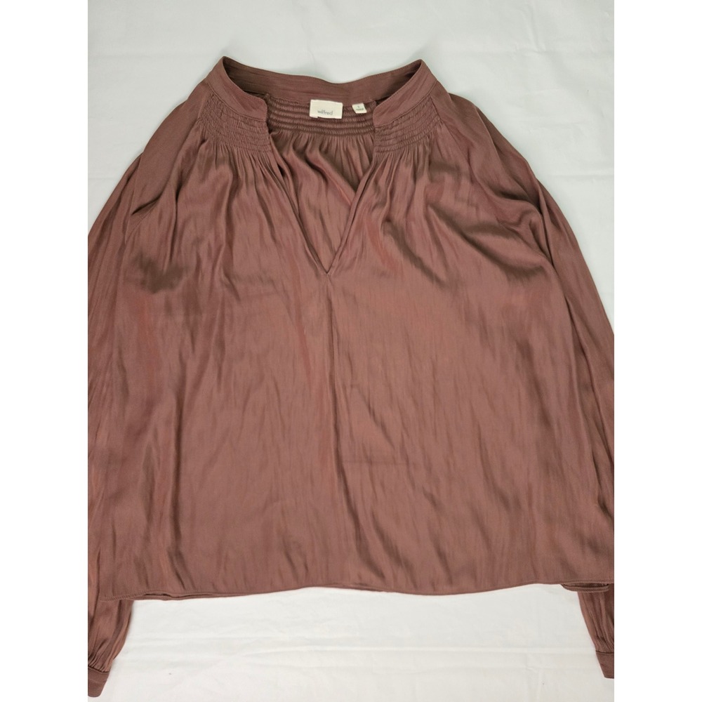 Wilfred Aritzia Brown Smocked V-Neck Long Sleeve Blouse Size Small - Picture 4 of 13